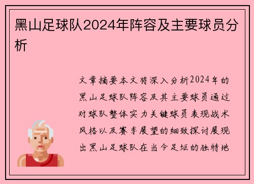 黑山足球队2024年阵容及主要球员分析